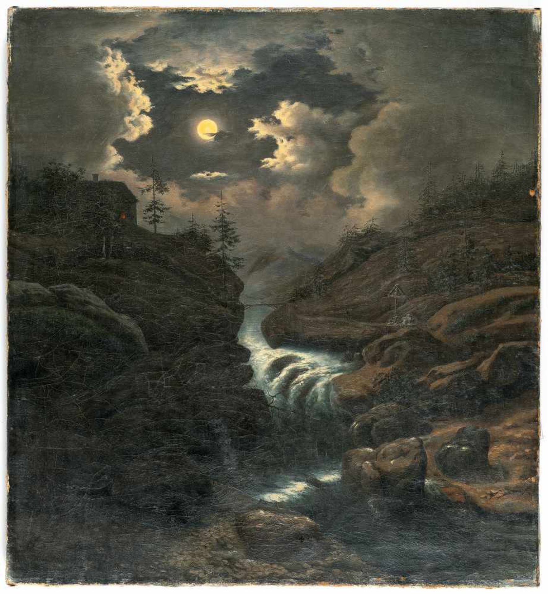 GermanLandschaft bei MondscheinÖl auf Leinwand. (Um 1840). 64,5 x 59,5 cm.Mondnacht Es war, als - Bild 2 aus 3