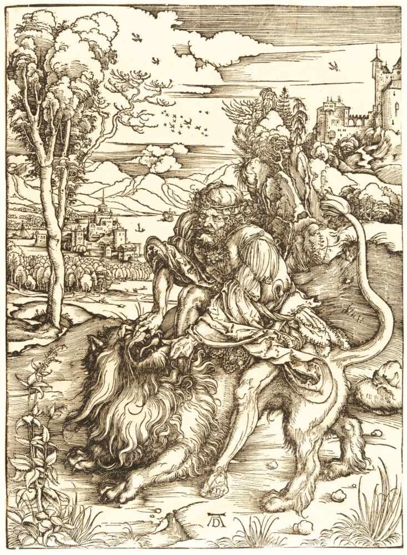 Albrecht DürerSamson tötet den LöwenHolzschnitt auf Bütten. (Um 1497/98). 38,1 x 27,9 cm ( - Bild 2 aus 3