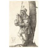 Albrecht DürerDer DudelsackpfeiferKupferstich auf Bütten. (1514). 11,8 x 7,4 cm (Blattgröße).