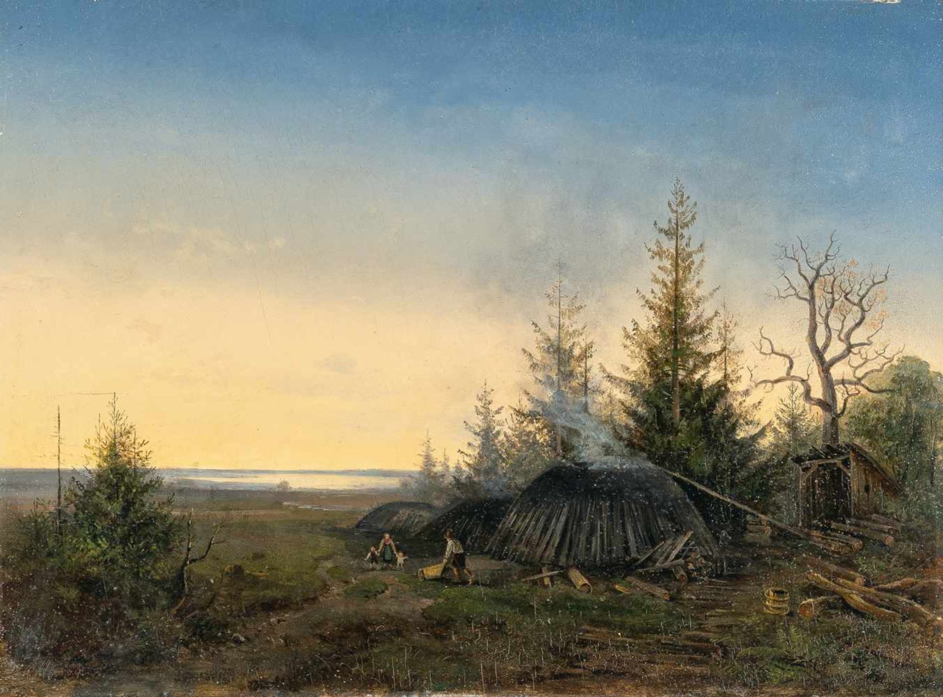 Franz Xaver Von HofstettenMorgendliche Landschaft mit HolzköhlerÖl auf Holz. 1839. 32,5 x 44,5 cm.
