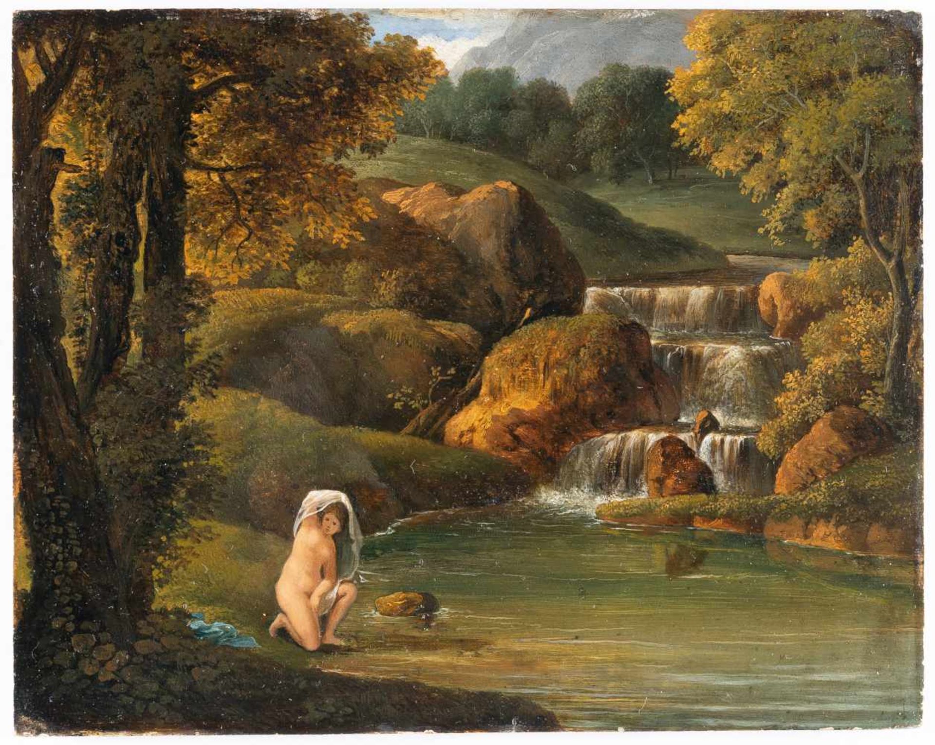 Cornelis Van Poelenburgh (Succcessor)Nymphe in FlusslandschaftÖl auf Holz. (Um 1700). 23 x 29 cm. - Bild 2 aus 3