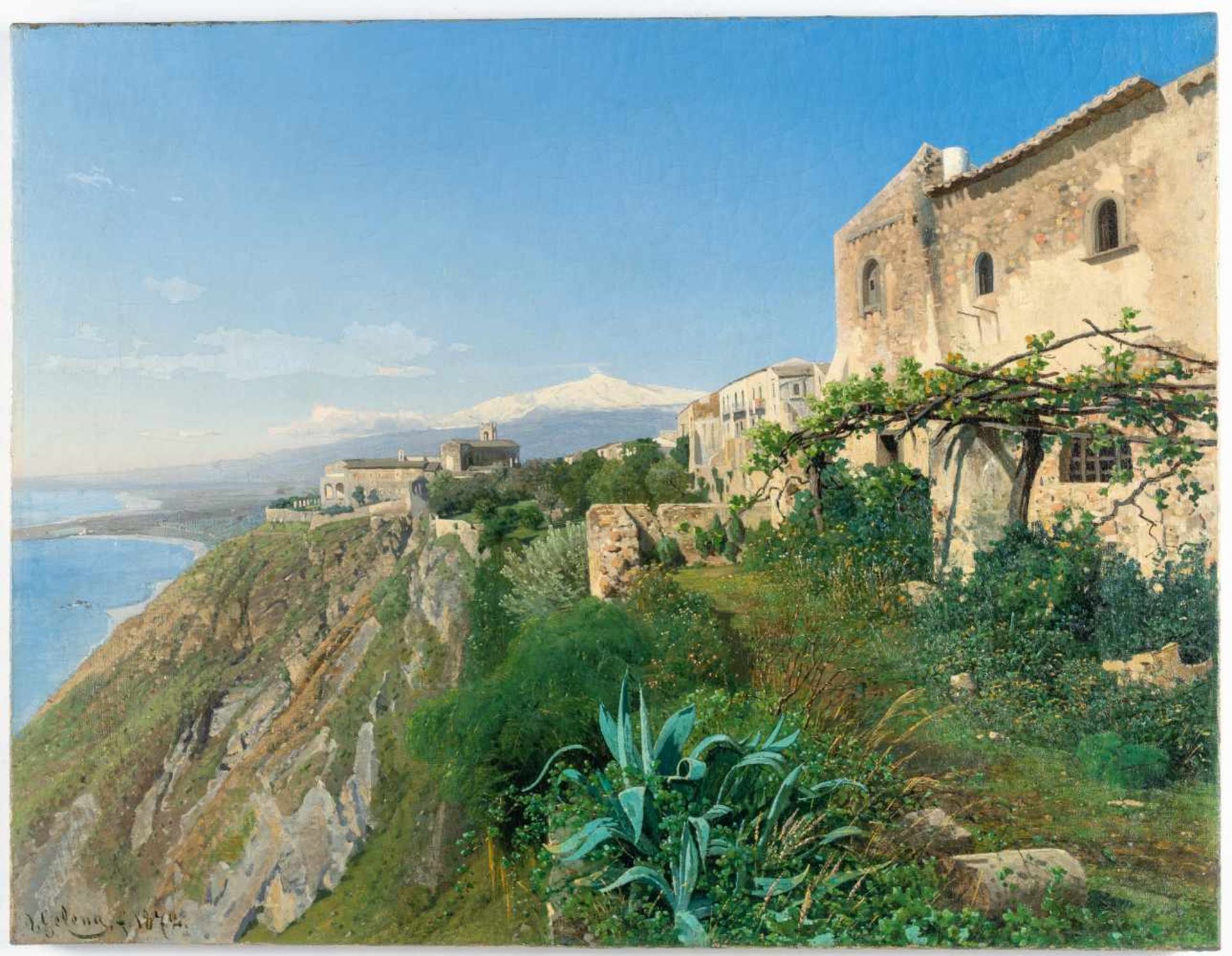 Friedrich Otto GelengBlick über Taormina auf den ÄtnaÖl auf Leinwand, randdoubliert. 1872. 54,5 x - Bild 2 aus 3