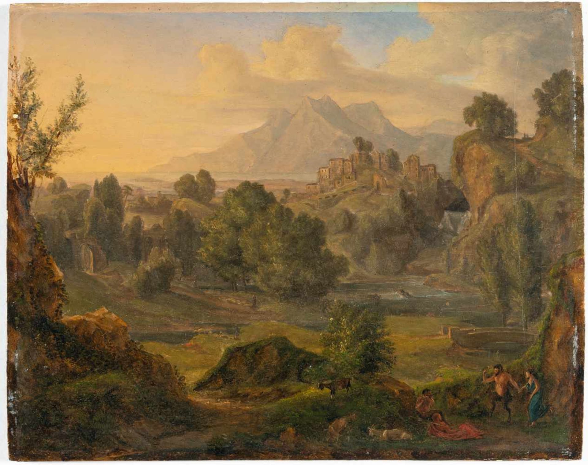 Schweizer SchuleHeroische LandschaftÖl auf Holz. (Um 1800/20). 26,9 x 33,4 cm. Verso unleserlich - Bild 2 aus 3