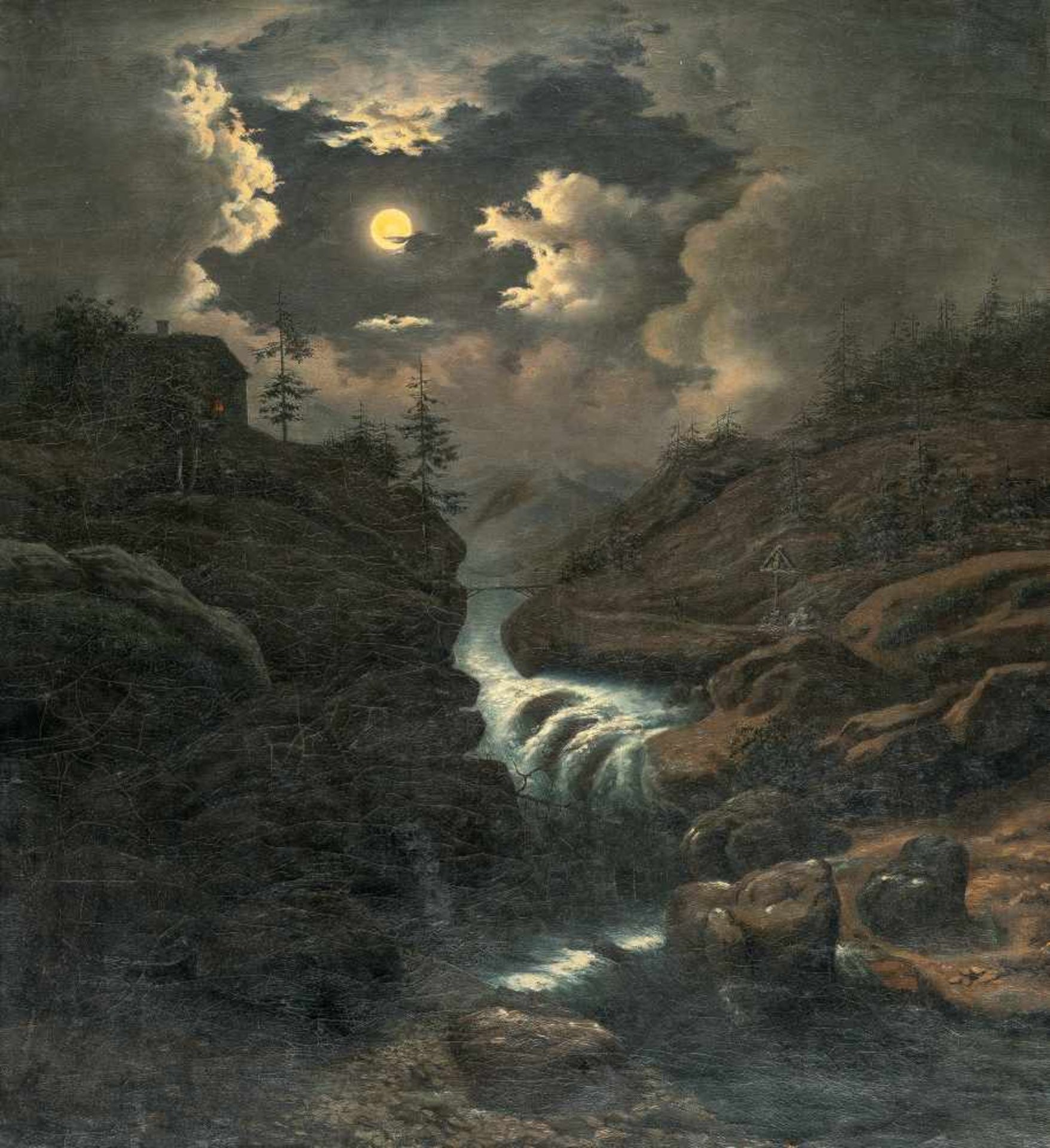 GermanLandschaft bei MondscheinÖl auf Leinwand. (Um 1840). 64,5 x 59,5 cm.Mondnacht Es war, als