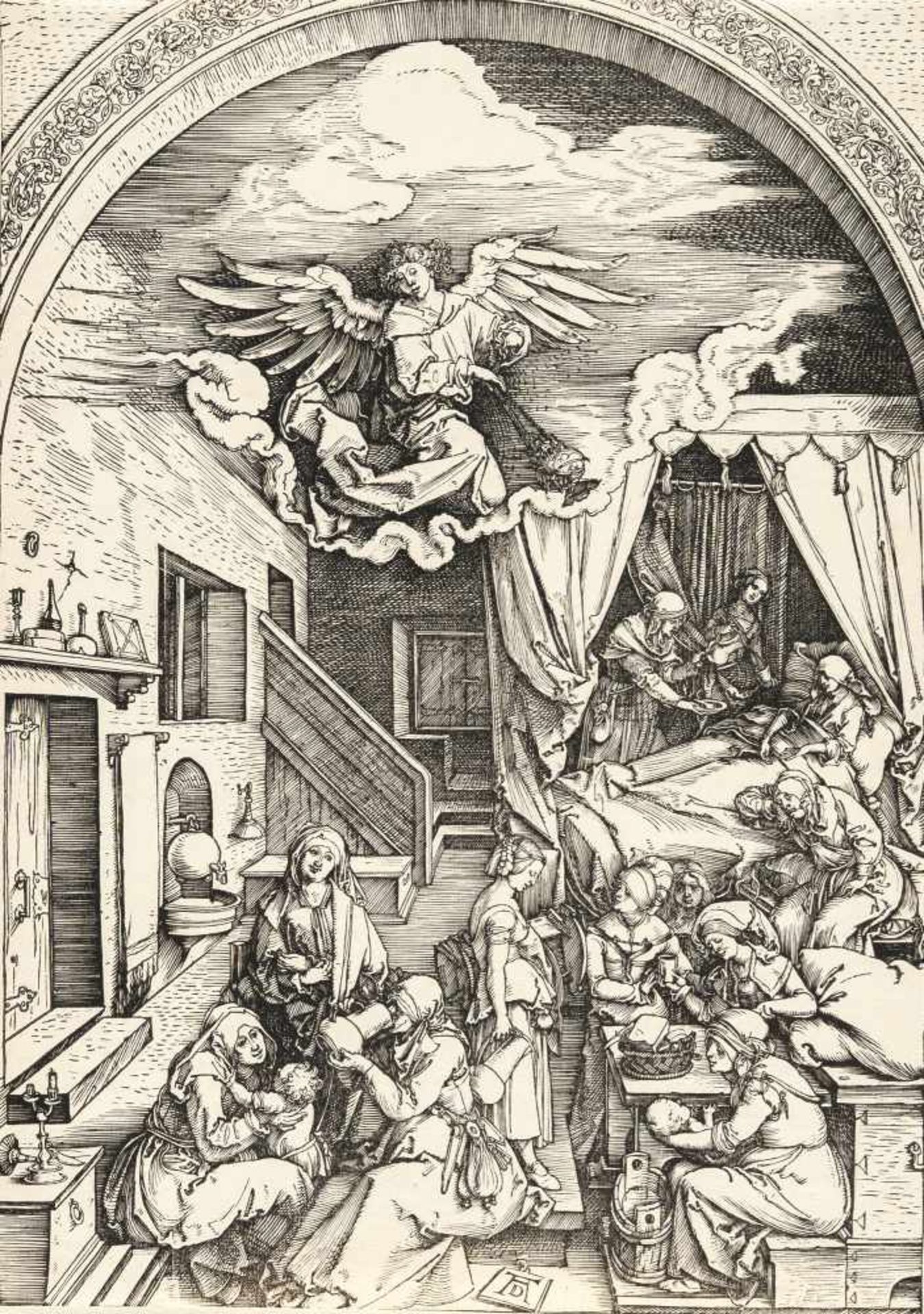 Albrecht DürerDie Geburt MariensHolzschnitt auf Bütten mit Wz. „Waage im Kreis“ (Meder Wz. 169). (Um