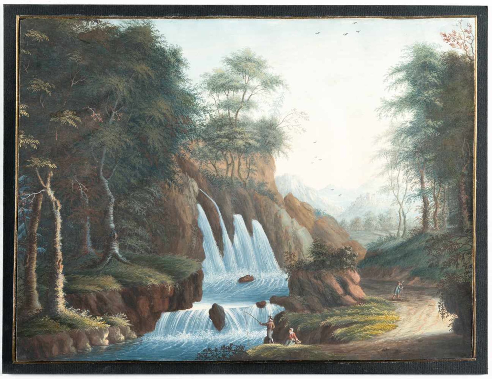 GermanIdyllische Landschaft mit WasserfallGouache auf Velin. 1796. 24,6 x 32,6 cm. Monogrammiert „ - Bild 2 aus 2
