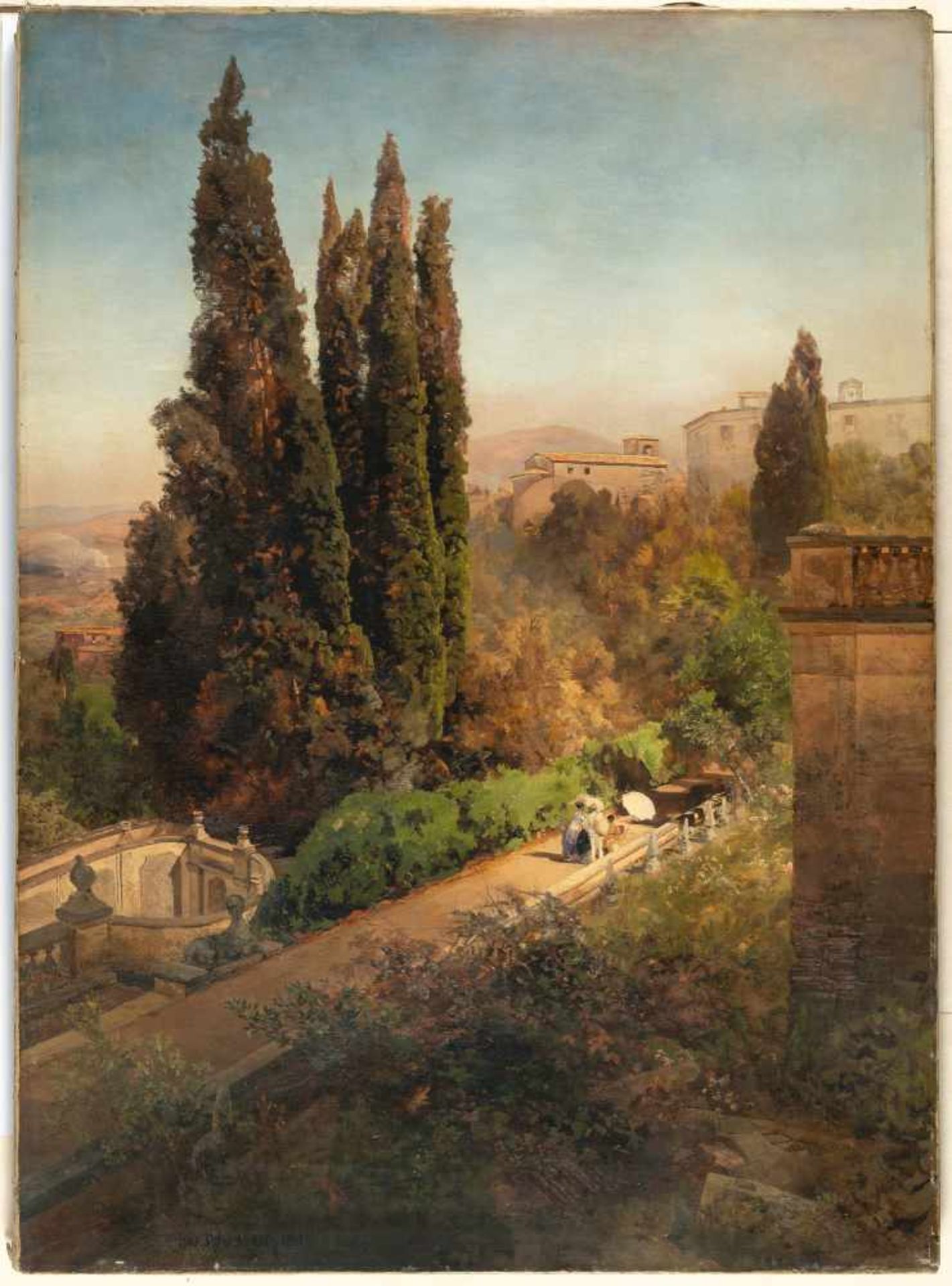 Oswald AchenbachBlick in den Garten der Villa d´Este in TivoliÖl auf Leinwand. 1881. 110 x 81 cm. - Bild 2 aus 3