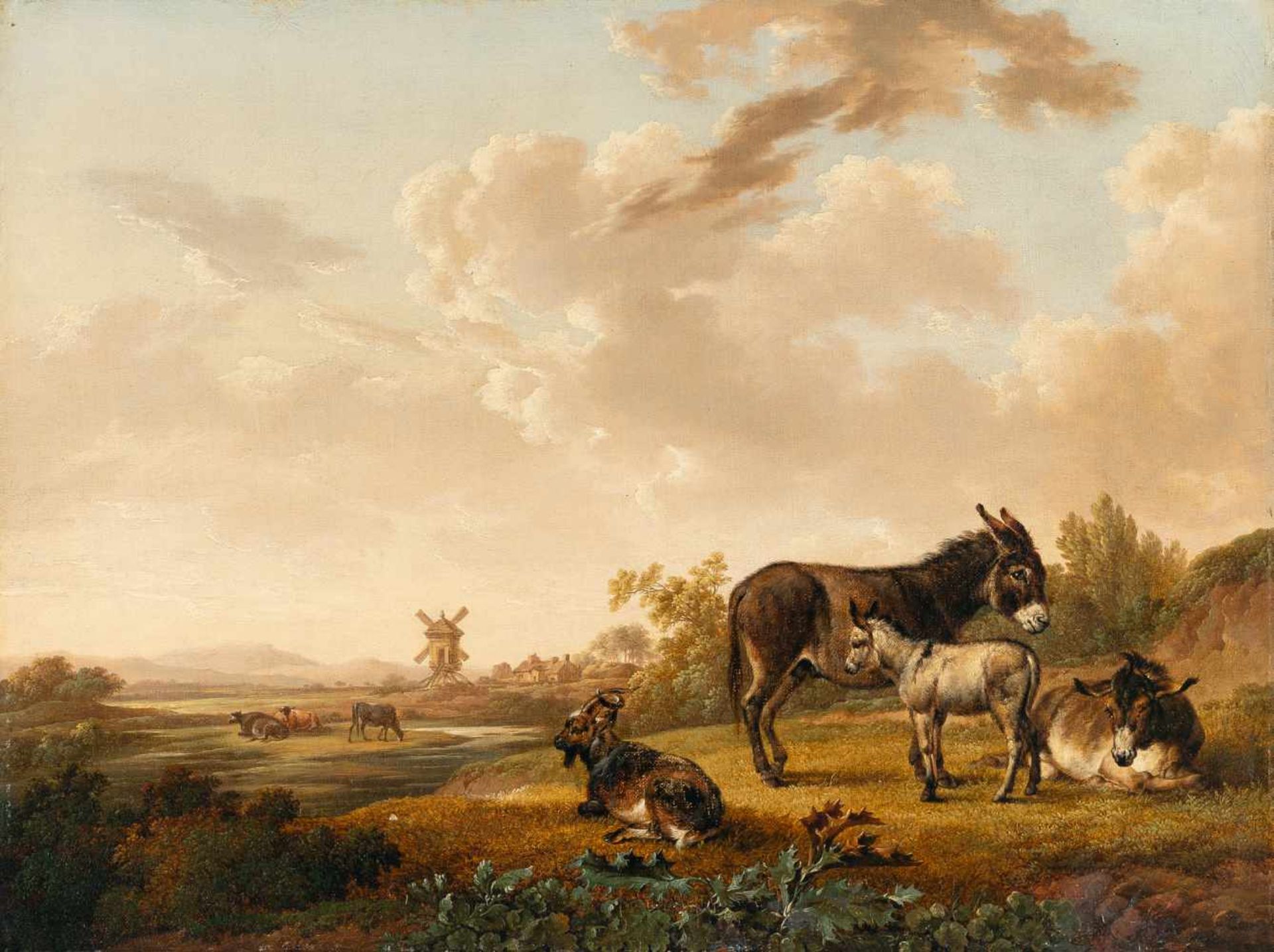 Karel Dujardin (Surrounding)Gruppe aus drei Eseln mit Ziege vor holländischer LandschaftÖl auf