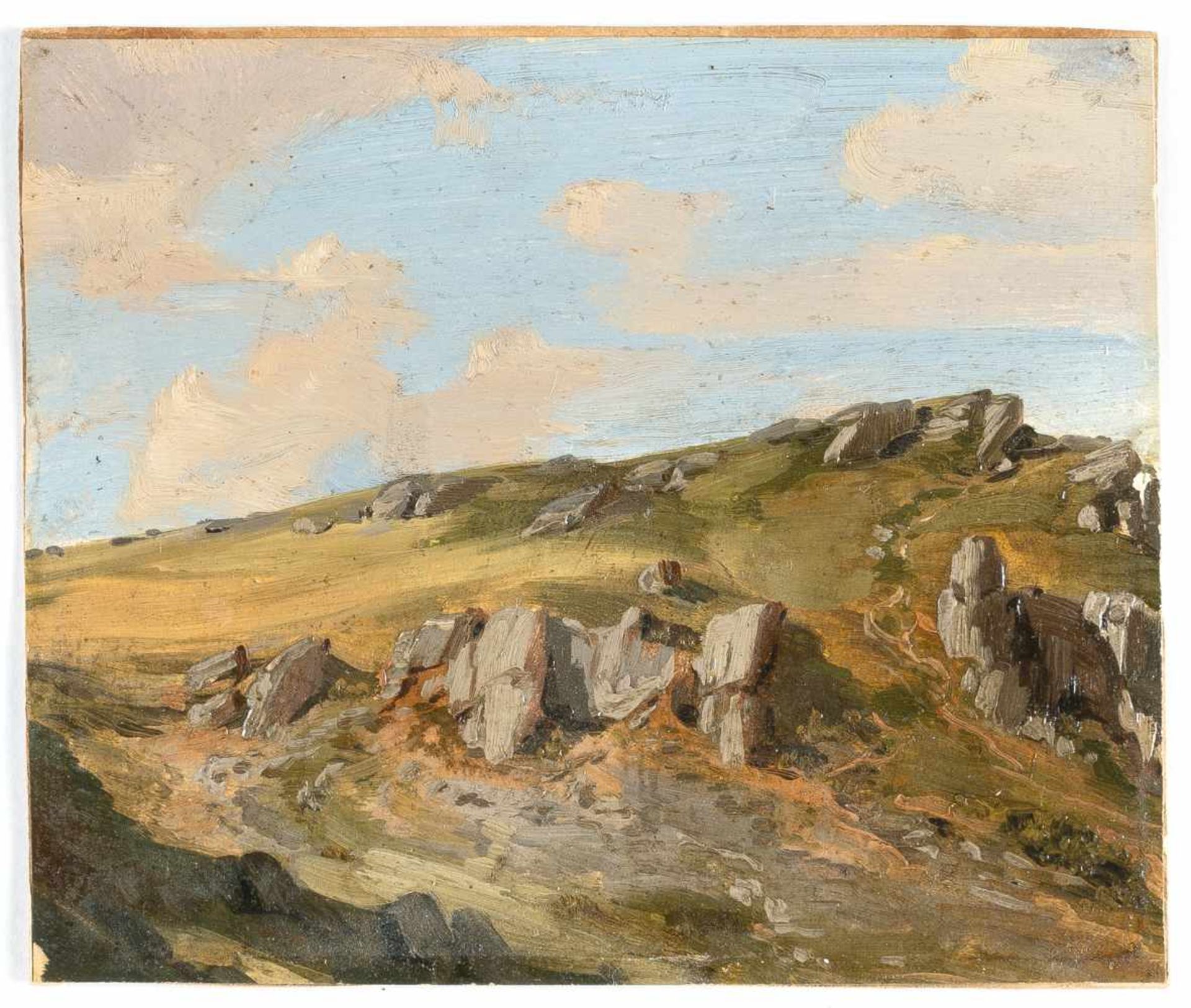 German, C.1850Bergkuppe mit Felsen (Olevano?)Öl auf Pappe. 11,6 x 14 cm.Privatbesitz, Hamburg. - Bild 2 aus 3