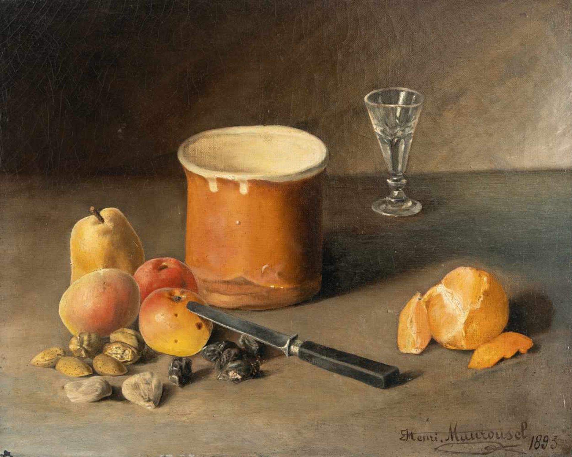 Henri MaurouselFrüchtestillleben mit Becher und GlasÖl auf Leinwand. 1893. 33 x 41 cm. Signiert