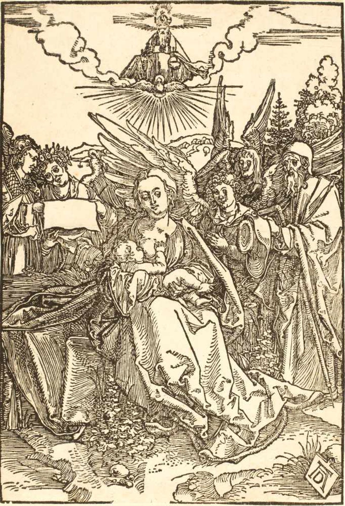 Albrecht DürerDie heilige Familie mit fünf EngelnHolzschnitt auf Bütten mit einem angeschnittenen