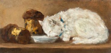 Carl Reichert (Surrounding)Stillleben mit KatzeÖl auf Velin, auf Malpappe aufgezogen. 18 x 37 cm.