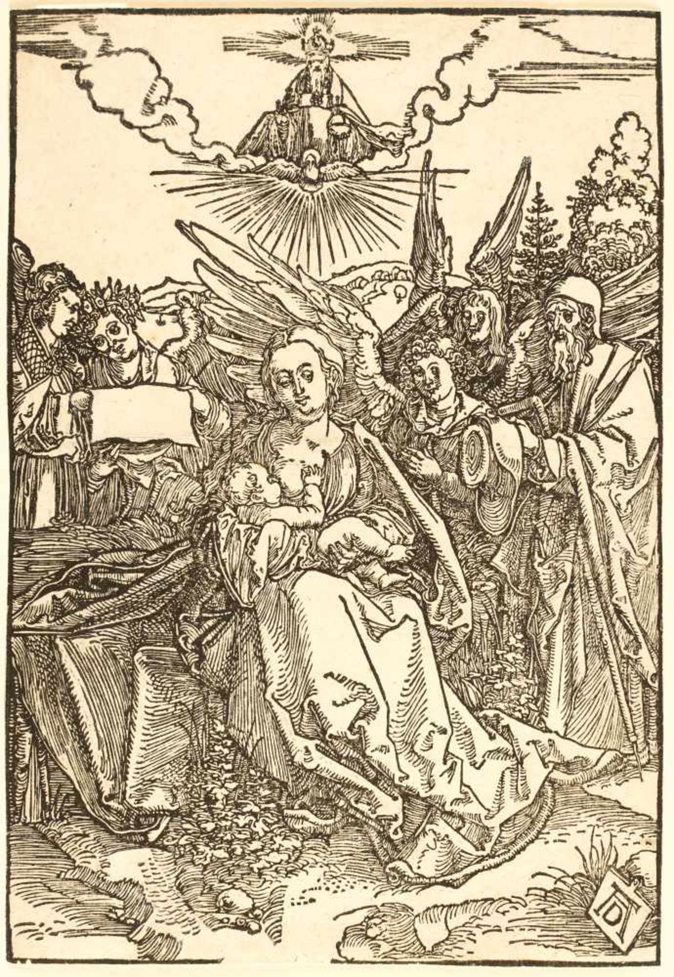 Albrecht DürerDie heilige Familie mit fünf EngelnHolzschnitt auf Bütten mit einem angeschnittenen - Bild 2 aus 3