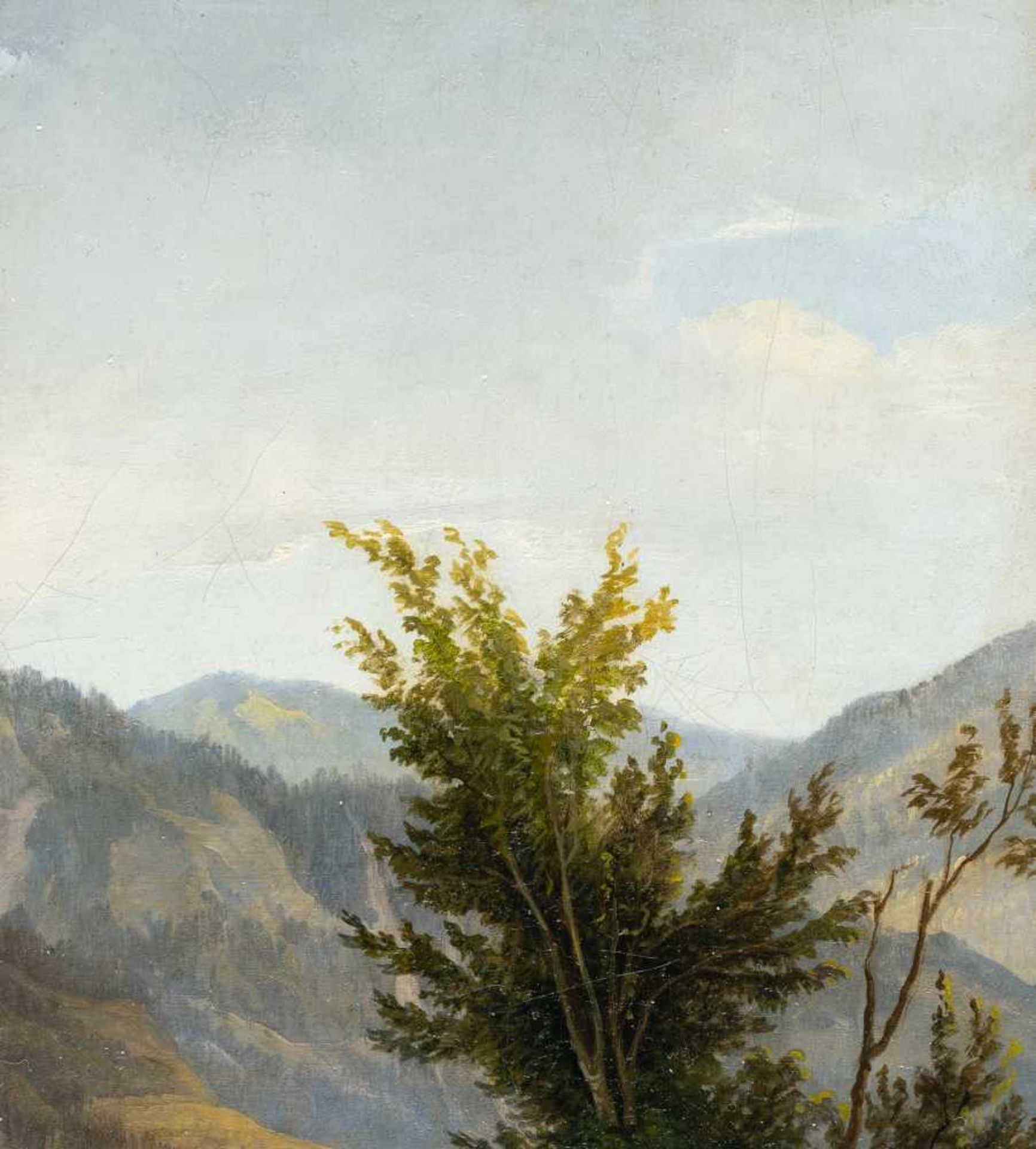 Austria, C.1840Baumwipfel über dem TalÖl auf Leinwand, auf Pappe aufgezogen. (Um 1840). 19,9 x 18,