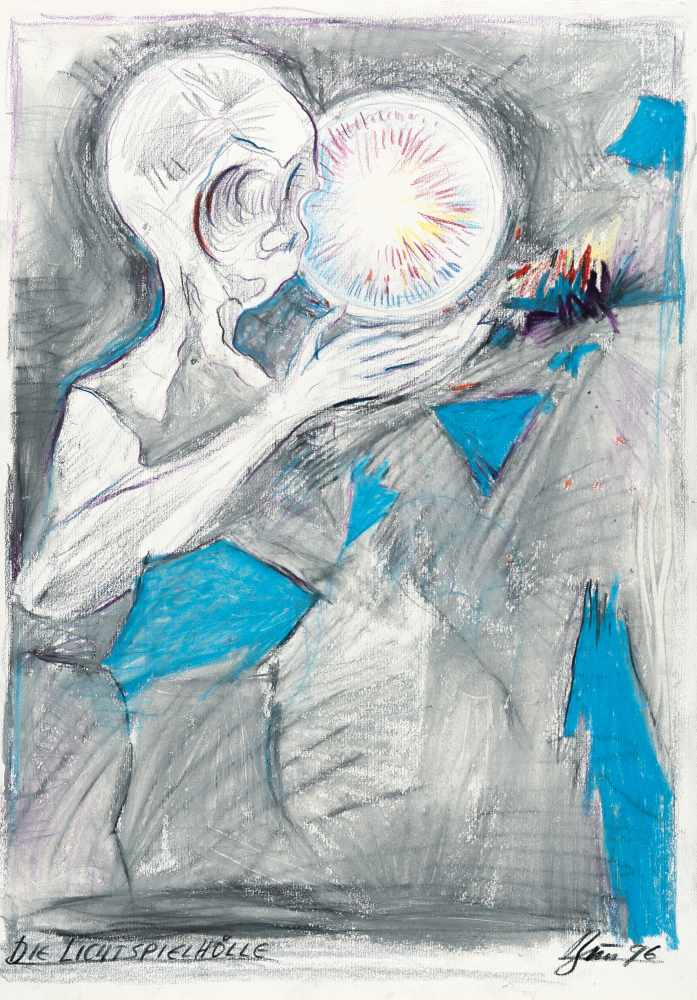 Günter Brus„Die Lichtspielhölle“Farbige Kreide und Ölkreide auf festem Aquarellpapier von F