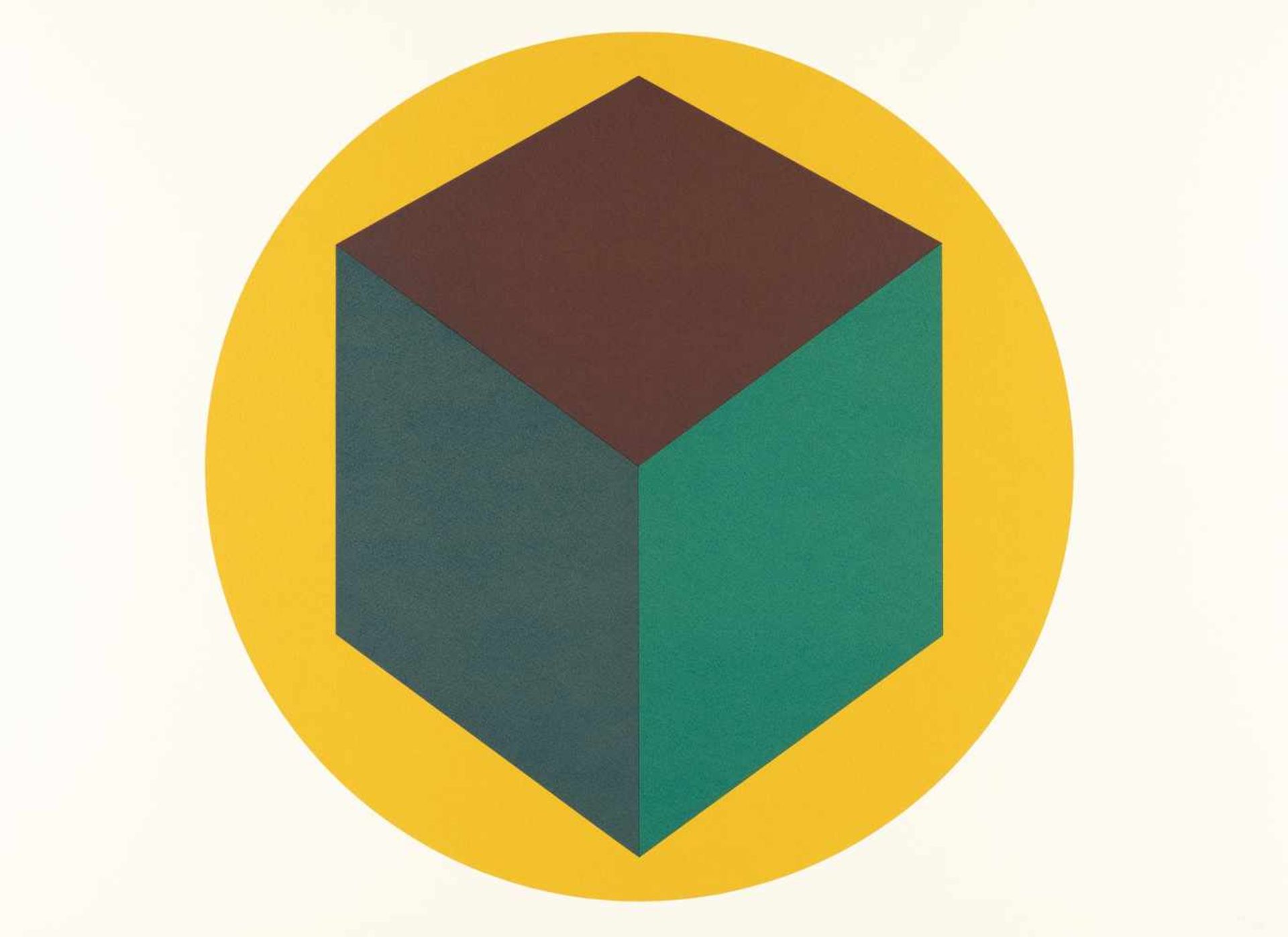 Sol LewittCentered Cube Within a Yellow CircleFarbige Serigraphie auf dünnem Karton. (1988)