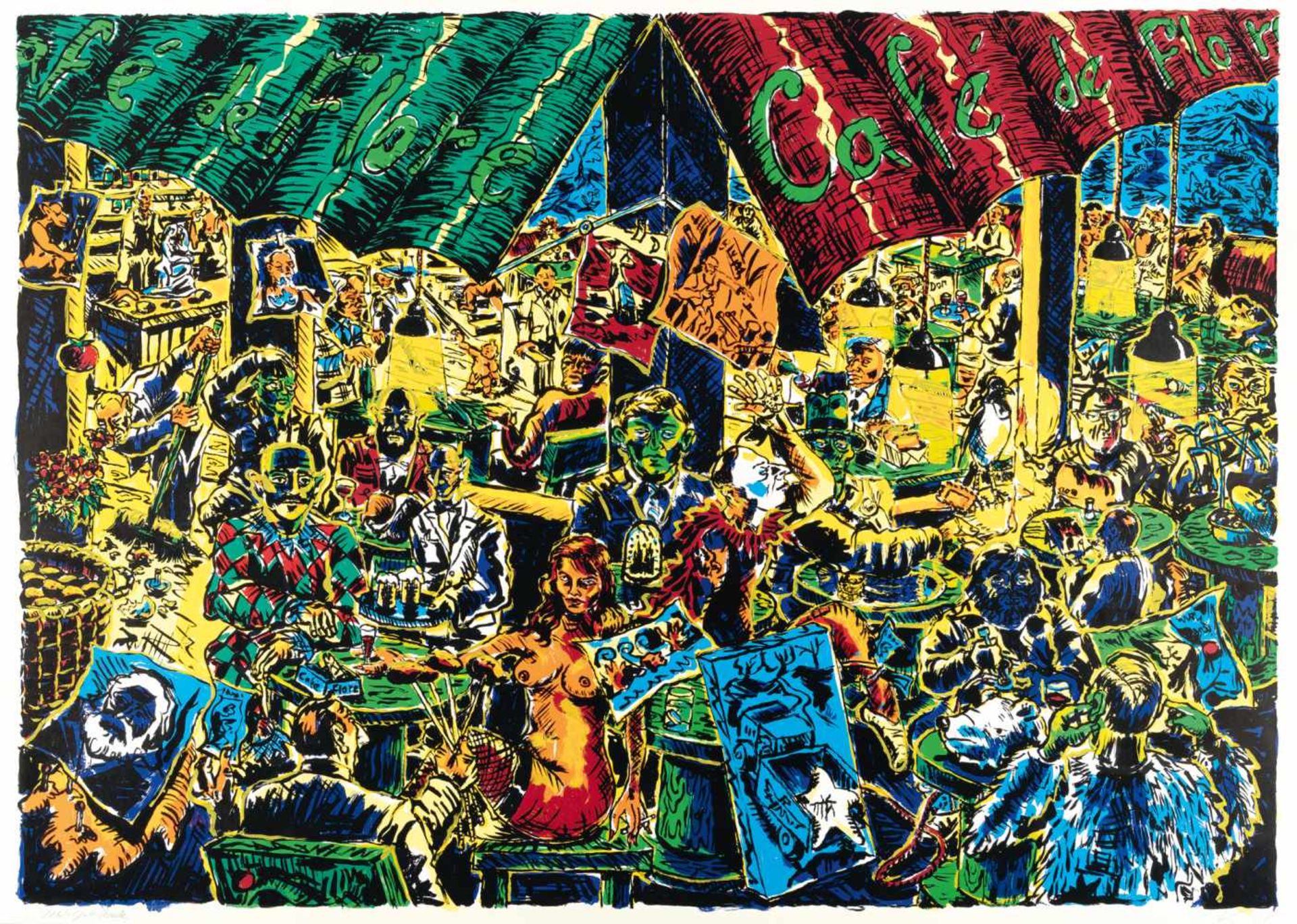 Jörg ImmendorffCafé de FloreFarbige Serigraphie auf Karton. (1991). Ca. 96 x 136 cm (Blattg