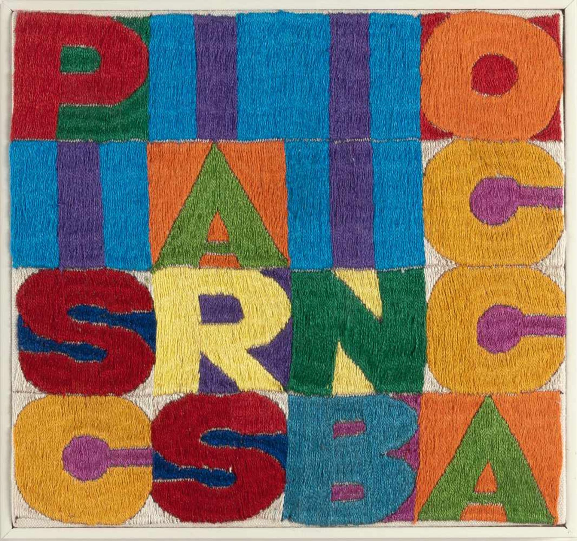 Alighiero Boetti„Pisciarsi in bocca“Handstickerei auf Leinwand. (Ca. 1976). Ca. 17,5 x 18,5