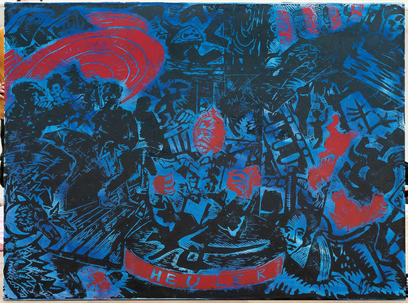 Jörg Immendorff„Heuler“Farbiger Linolschnitt in Rot und Schwarz auf blau grundierter Leinwa - Image 2 of 2