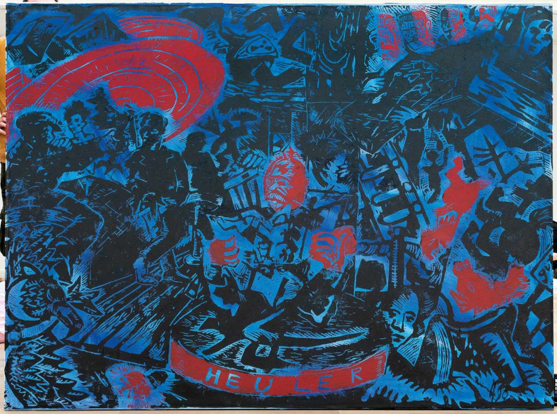 Jörg Immendorff„Heuler“Farbiger Linolschnitt in Rot und Schwarz auf blau grundierter Leinwa - Bild 2 aus 2
