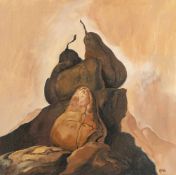 Samuel BakOhne Titel (Birnen in Felslandschaft)Öl auf Leinwand. Ca. 50 x 50 cm. Signiert un
