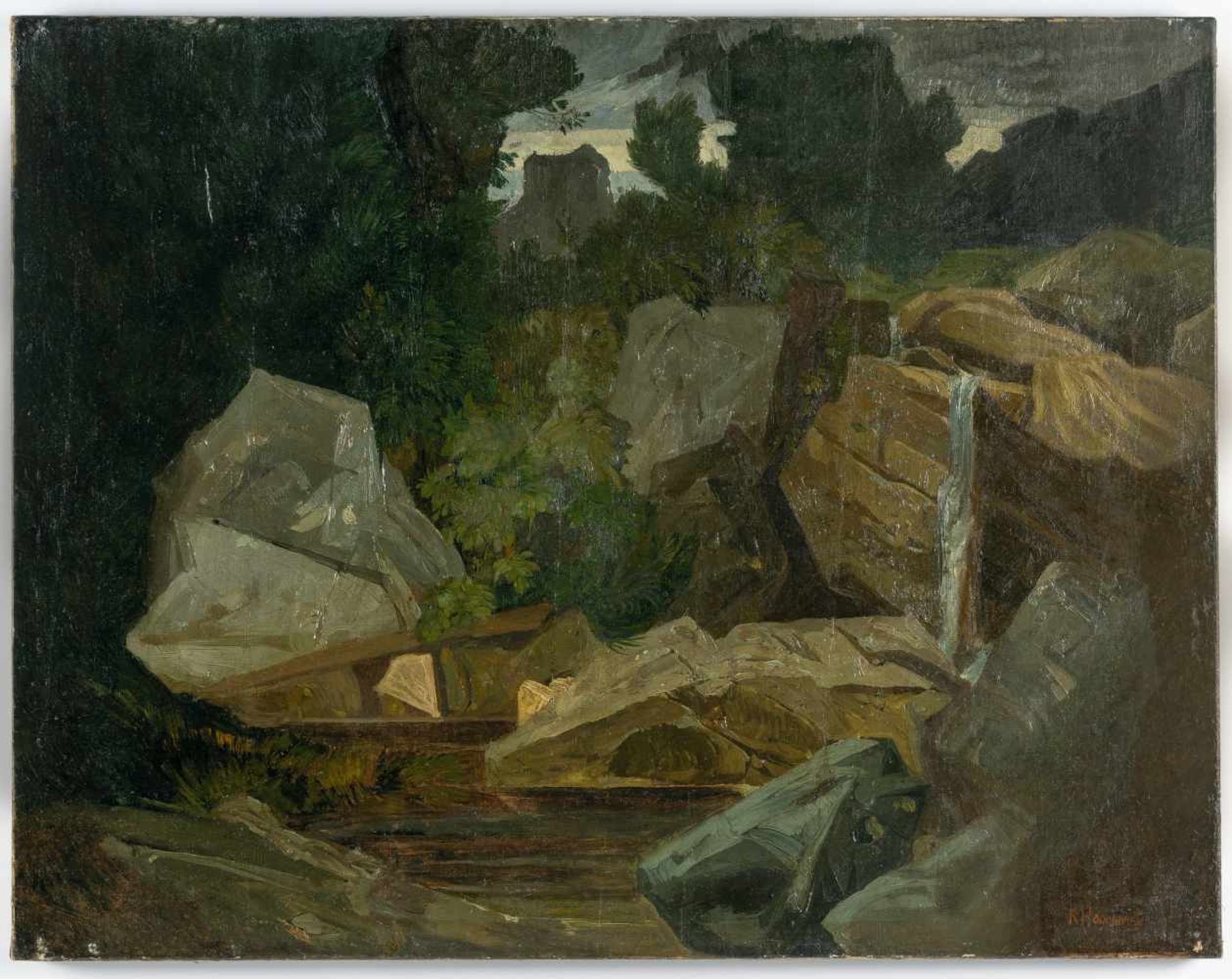 Karl HagemeisterFelsen und BäumeÖl auf Leinwand. (Um 1877). Ca. 63,5 x 81 cm. Signiert unte - Bild 2 aus 3