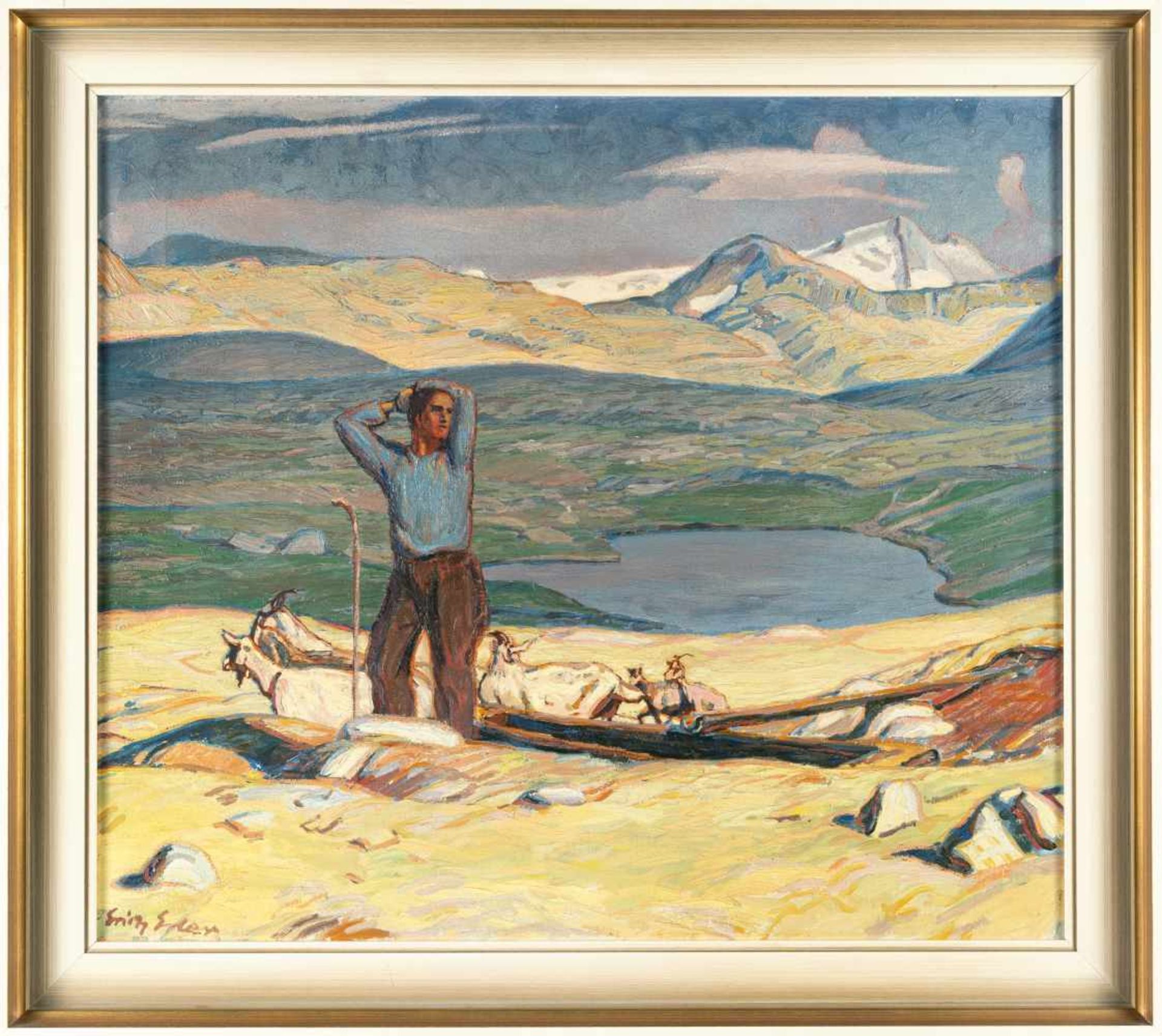 Erich Erler-Samaden„Schwühler Abend“ (Ziegenhirte in Engadiner Landschaft)Öl auf Leinwand. - Bild 2 aus 3