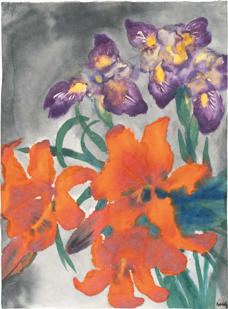 Emil NoldeBlumen mit roten und violetten Blüten (Lilien und Iris)Aquarell auf Japan. (Um 19