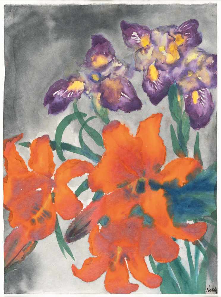 Emil NoldeBlumen mit roten und violetten Blüten (Lilien und Iris)Aquarell auf Japan. (Um 19 - Image 2 of 3