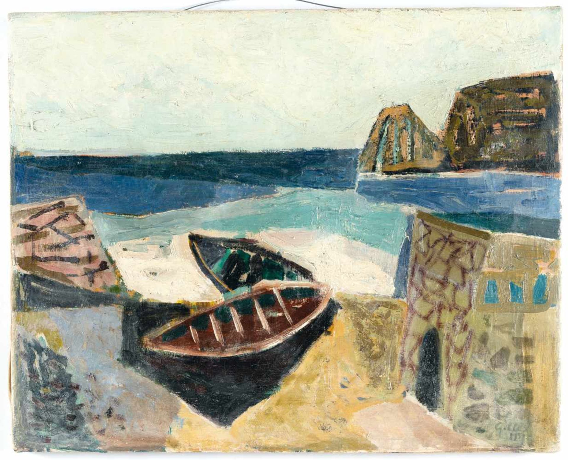 Werner GillesBoote am StrandÖl auf Leinwand. 1957. Ca. 40,5 x 51 cm. Signiert und schwer le - Bild 2 aus 3