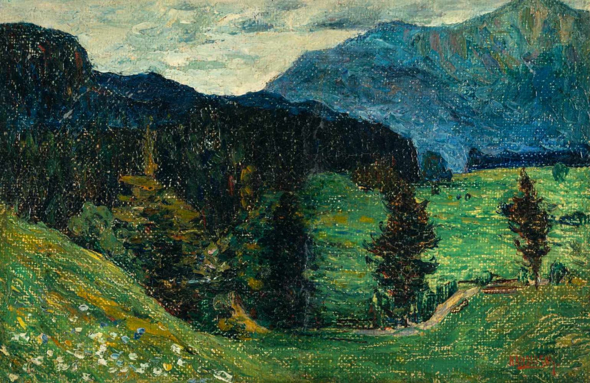 Wassily KandinskyKochel – Gebirgslandschaft mit TannenÖl auf papierkaschiertem Rupfen, rand