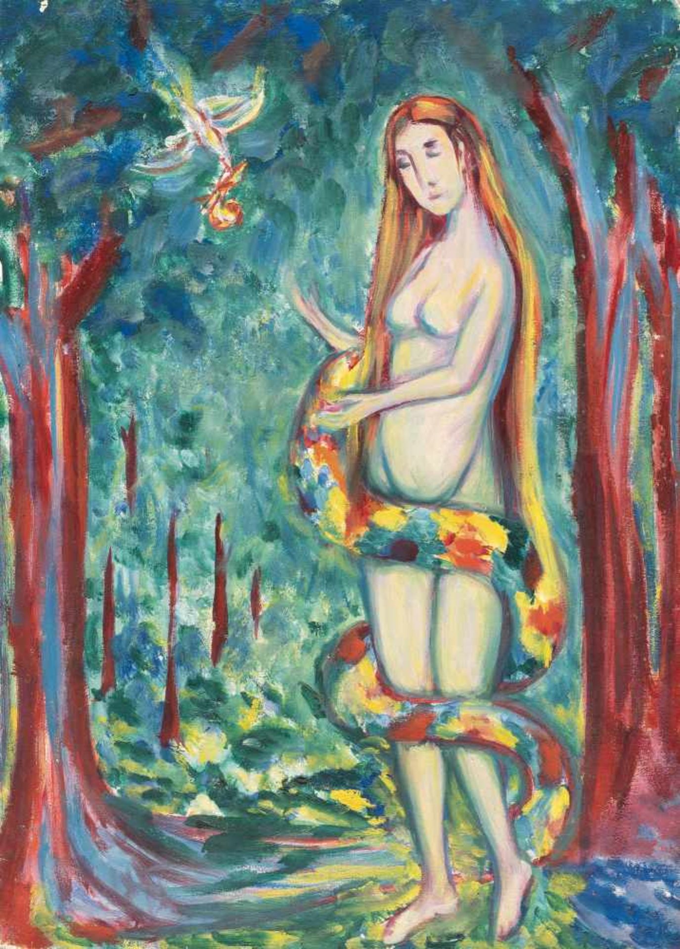 Stanislaus StückgoldIm Paradies, Eva und die SchlangeÖl auf Leinwand. Ca. 63 x 45 cm.Cl