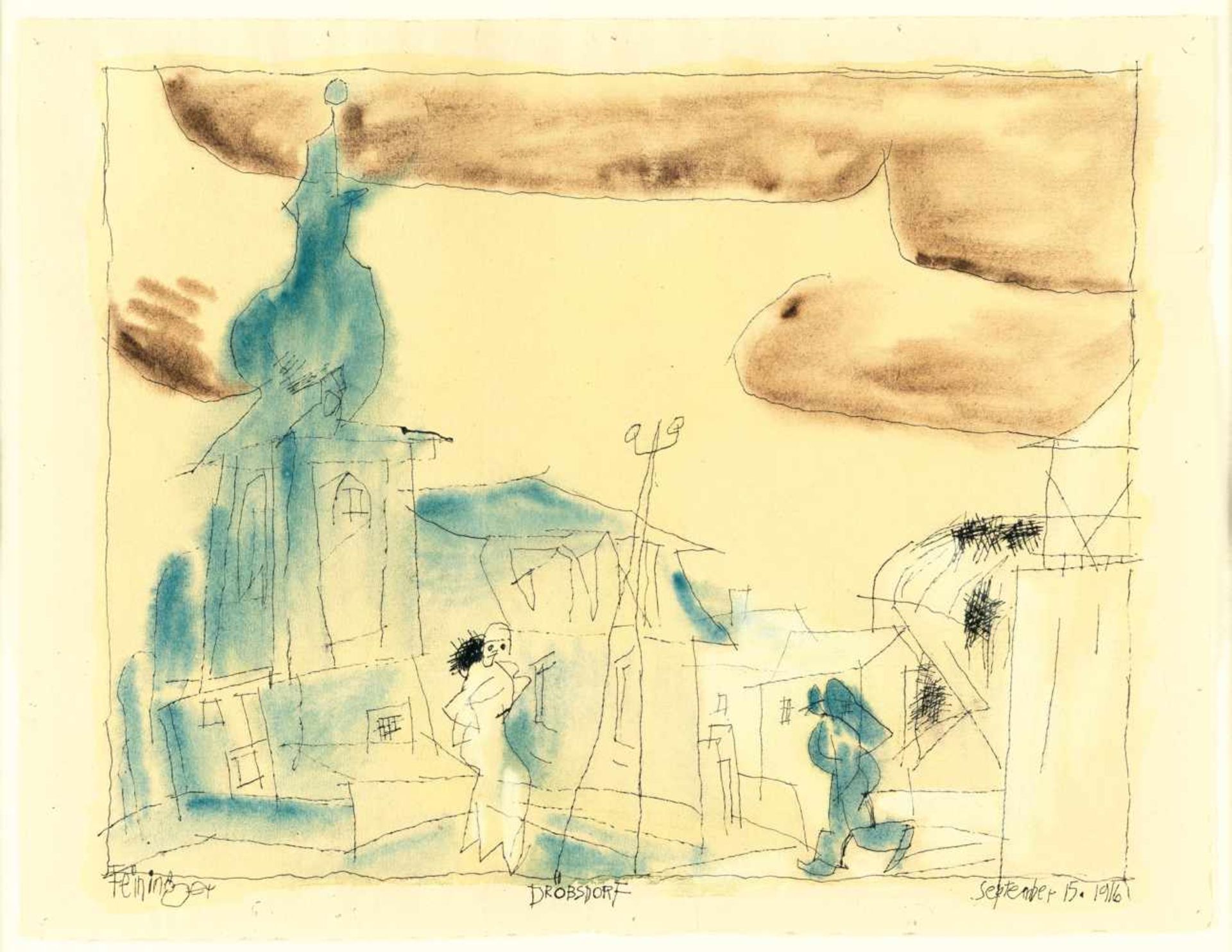 Lyonel Feininger„Dröbsdorf“Aquarell und Tusche, mit Deckweiß gehöht, auf chamoisfarbenem Bü - Bild 2 aus 3