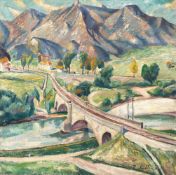 Hermann MühlenAlpenlandschaft mit BahnbrückeÖl auf Leinwand. 1921. Ca. 90 x 89,5 cm. Signie