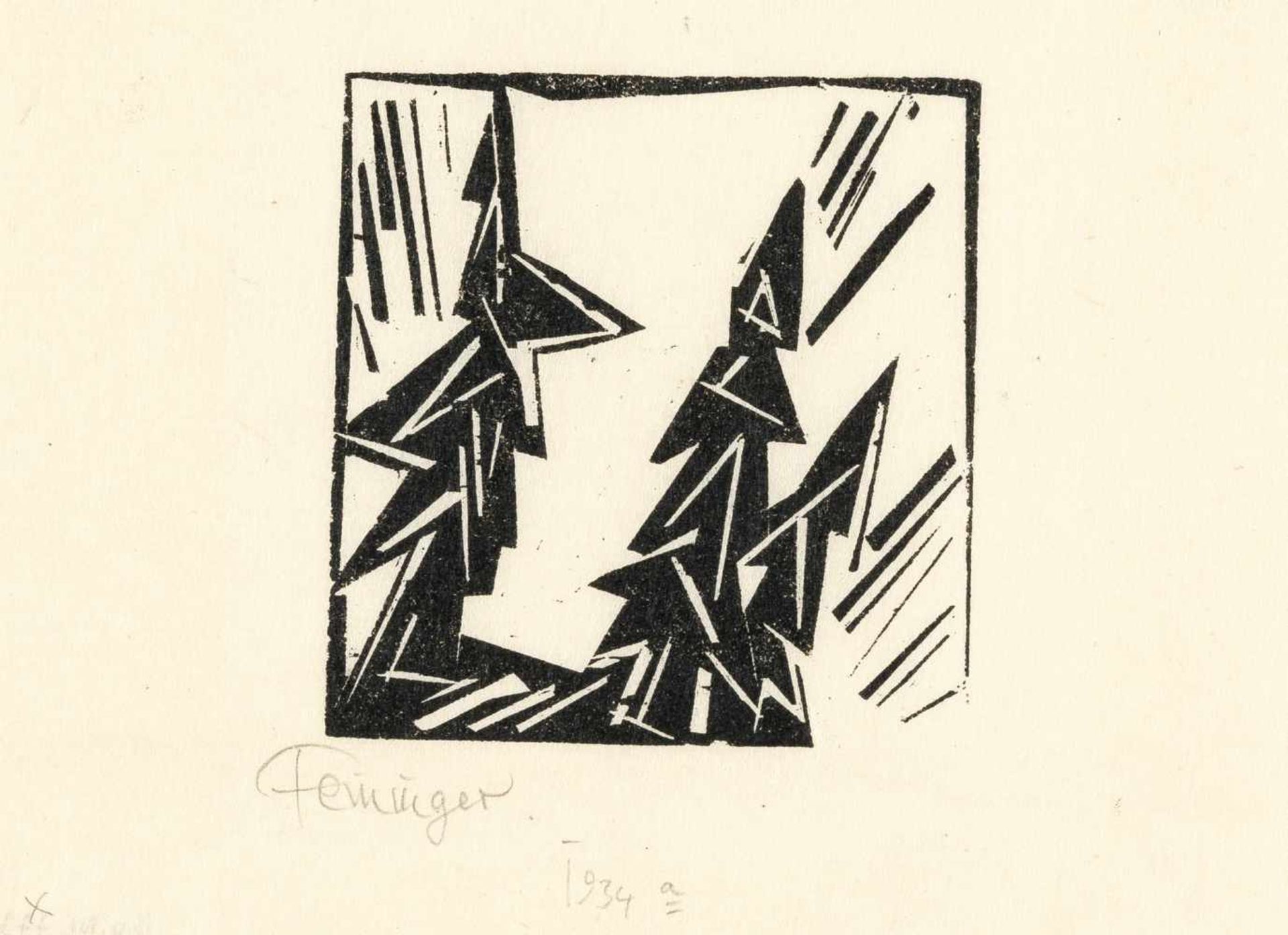 Lyonel FeiningerDrei TannenHolzschnitt auf dünnem Japanbütten. (1919). Ca. 8,5 x 8 cm (Blat