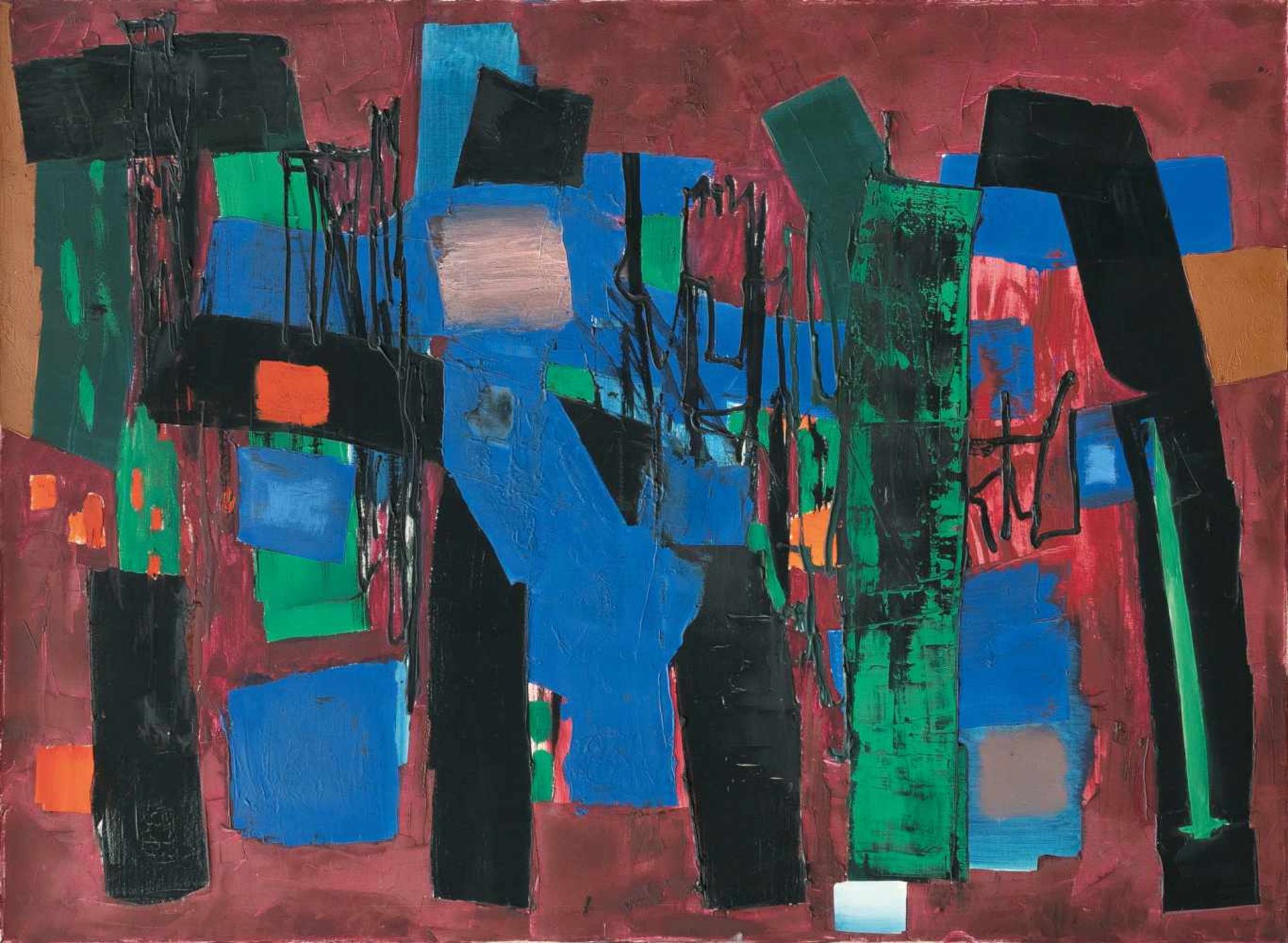 Fritz Winter„Kommendes Blau und Rot“Öl auf Leinwand. (19)59. Ca. 97,5 x 130,5 cm. Signiert