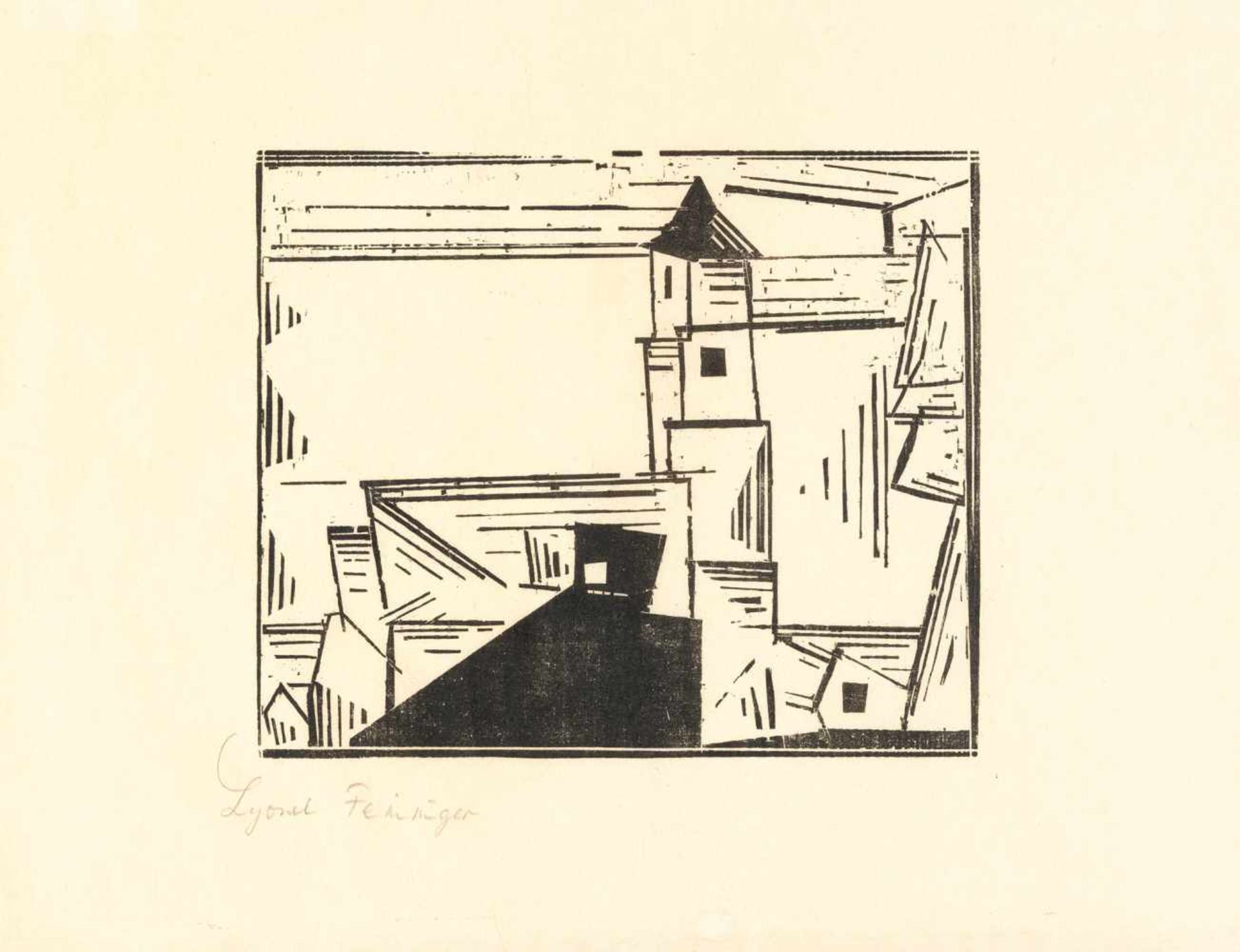 Lyonel FeiningerGelbe Dorfkirche, 3Holzschnitt auf chamoisfarbenem Japanbütten. (1931). Ca.