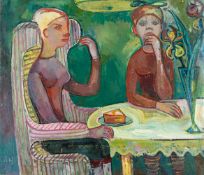 Karoline WittmannKaffeekränzchen IÖl auf Leinwand. (1958). Ca. 60 x 70 cm. Monogrammiert un