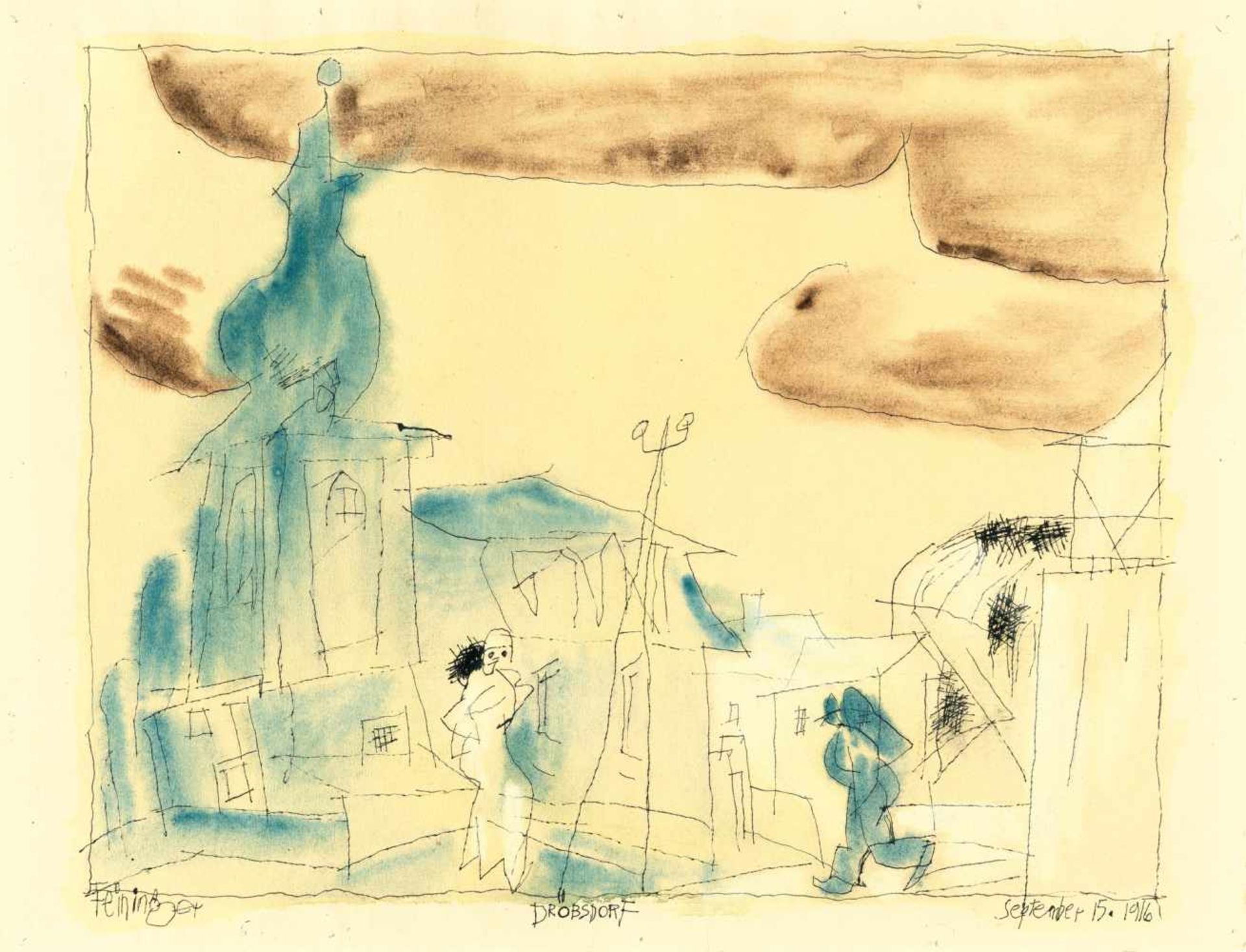 Lyonel Feininger„Dröbsdorf“Aquarell und Tusche, mit Deckweiß gehöht, auf chamoisfarbenem Bü