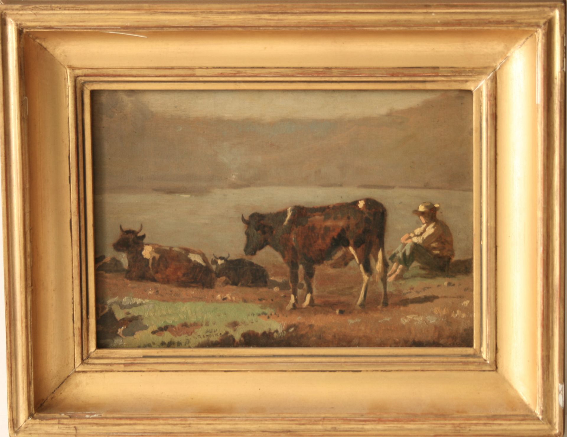 Pierre Eugène GRANDSIRE (1825-1905), Huile sur panneau : Vaches et leur vacher du [...]
