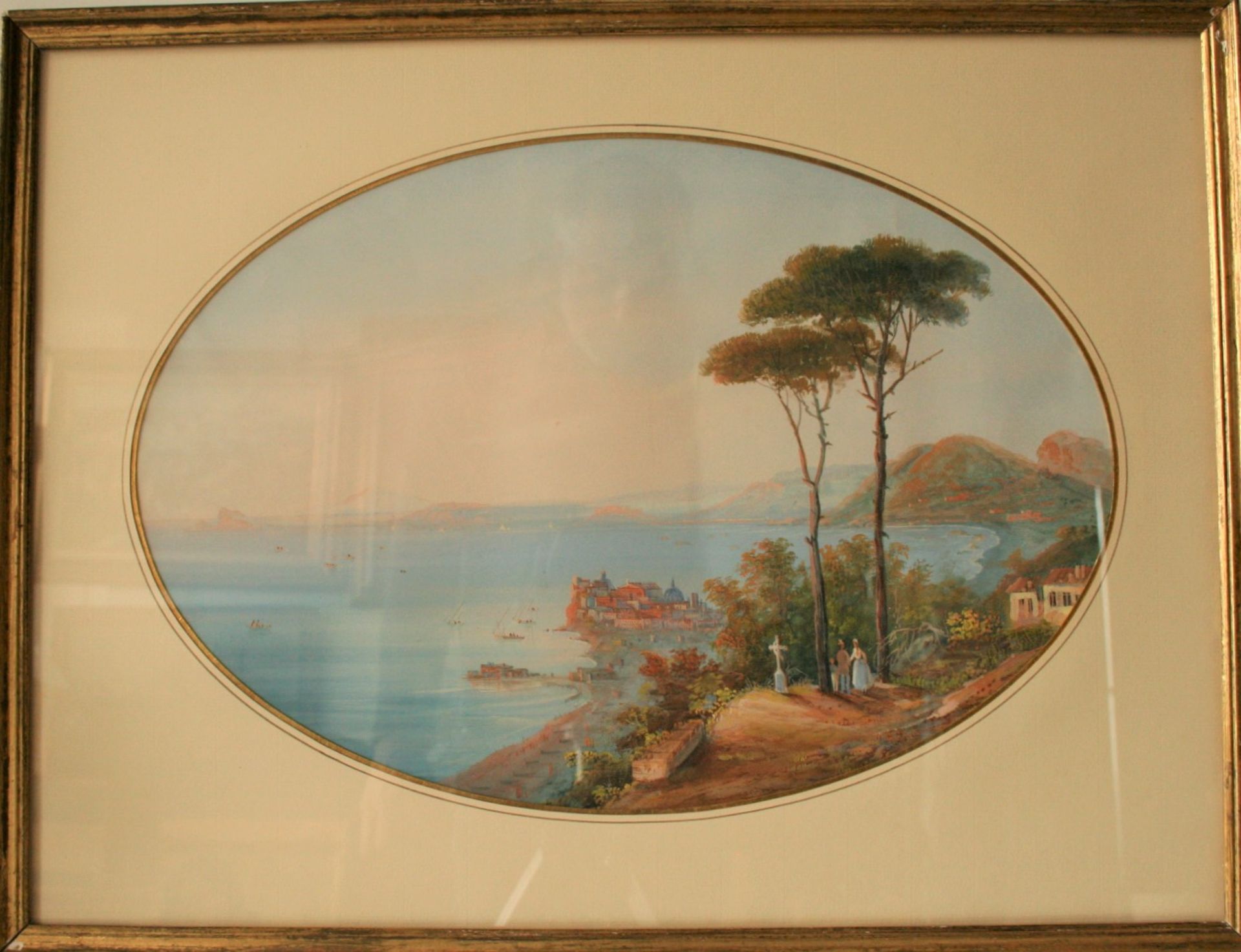 Ecole italienne anonyme du XIXe, Gouache : La baie de Naples et le Vésuve à [...]