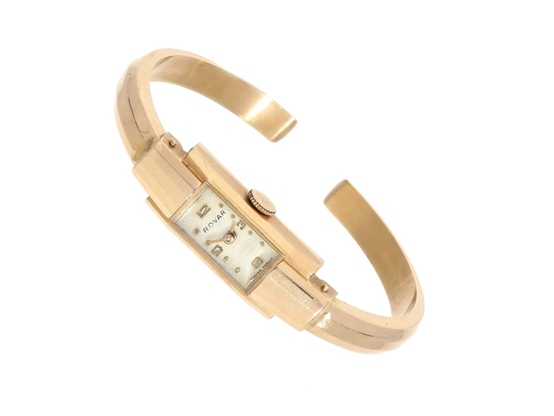 Armbanduhr: goldene vintage Spangenuhr in 18K Gold, Marke Rovar, ca. 50er Jahre