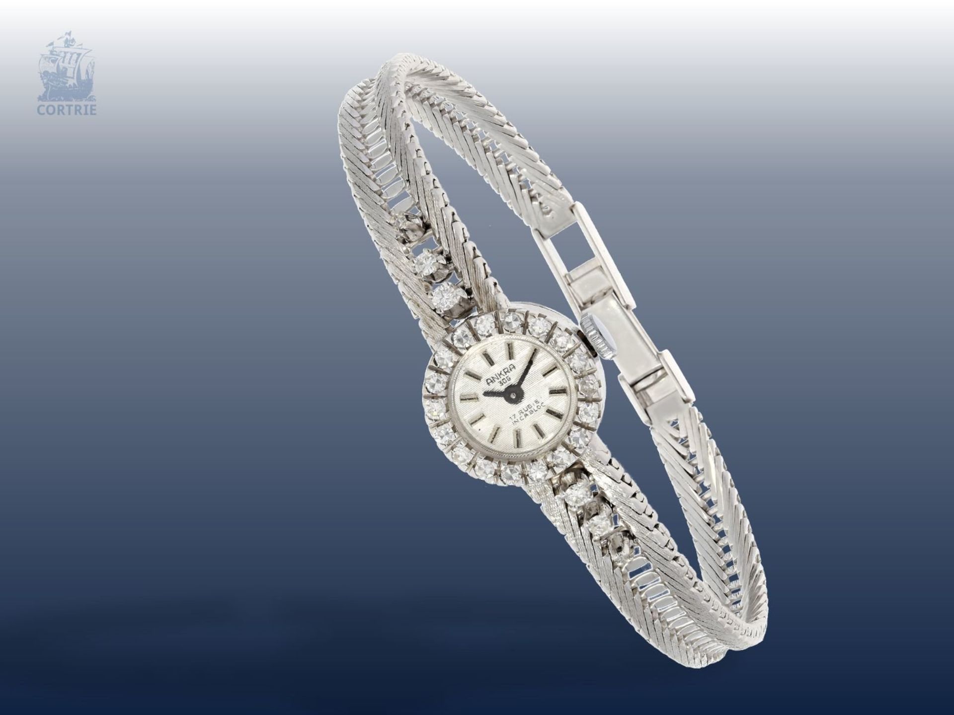 Armbanduhr: vintage Damenuhr der Marke Ankra mit Diamantbesatz, 14K Weißgold<