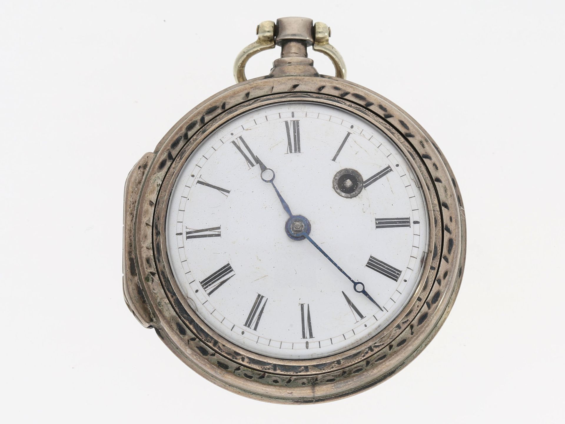 Taschenuhr: alpenländische Doppelgehäuse-Spindeluhr, Silber, ca. 1870<b