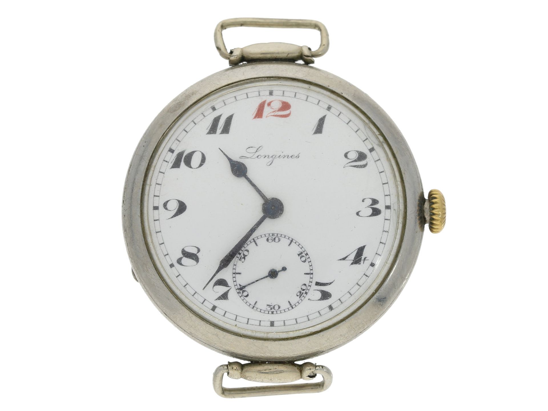 Armbanduhr: extrem frühe und große Longines Armbanduhr mit Emaillezifferblatt, ca. 1910<b