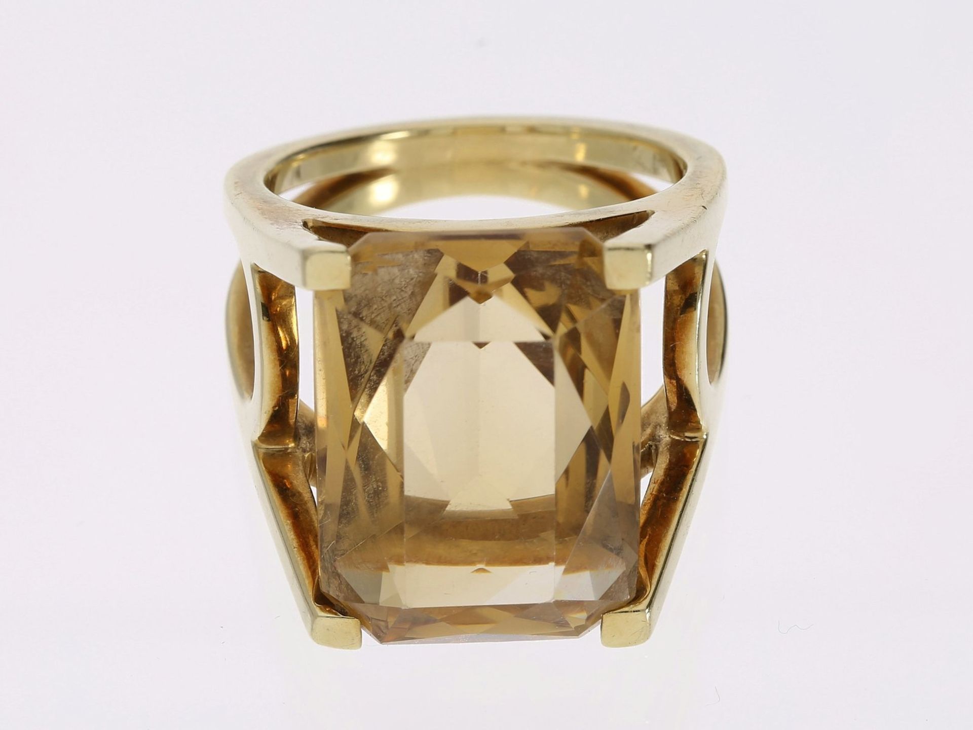 Ring: interessanter, massiver Gelbgoldring mit großem Citrin, ca. 13ct, 14K Gold< - Bild 2 aus 2