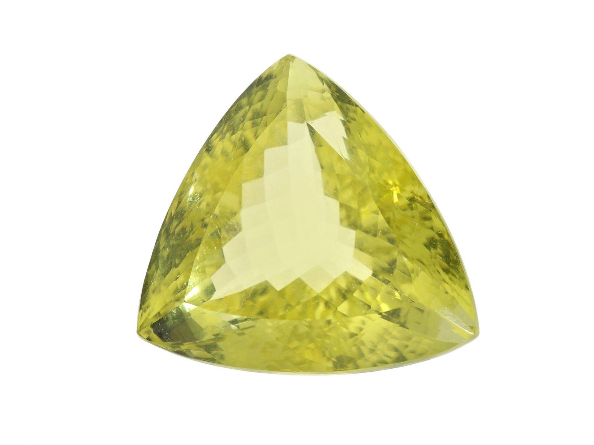 Citrin: großer, sehr schöner Lemon-Citrin mit seltenem Triangel-Schliff, 77,8ct<b