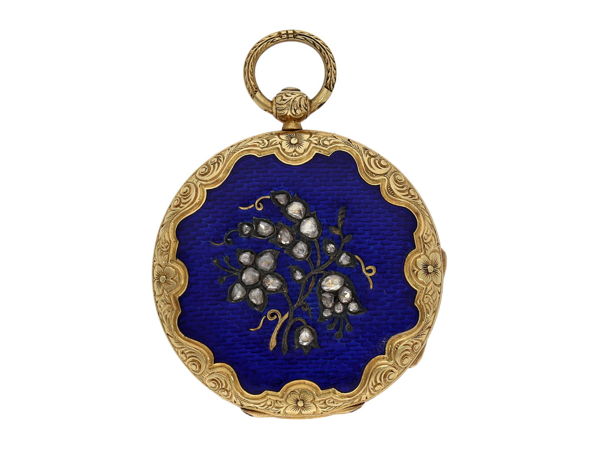 Pocket watch/ pendant watch: elegant gold/ enamel lady's Lepine with diamond setting and original - Bild 2 aus 6