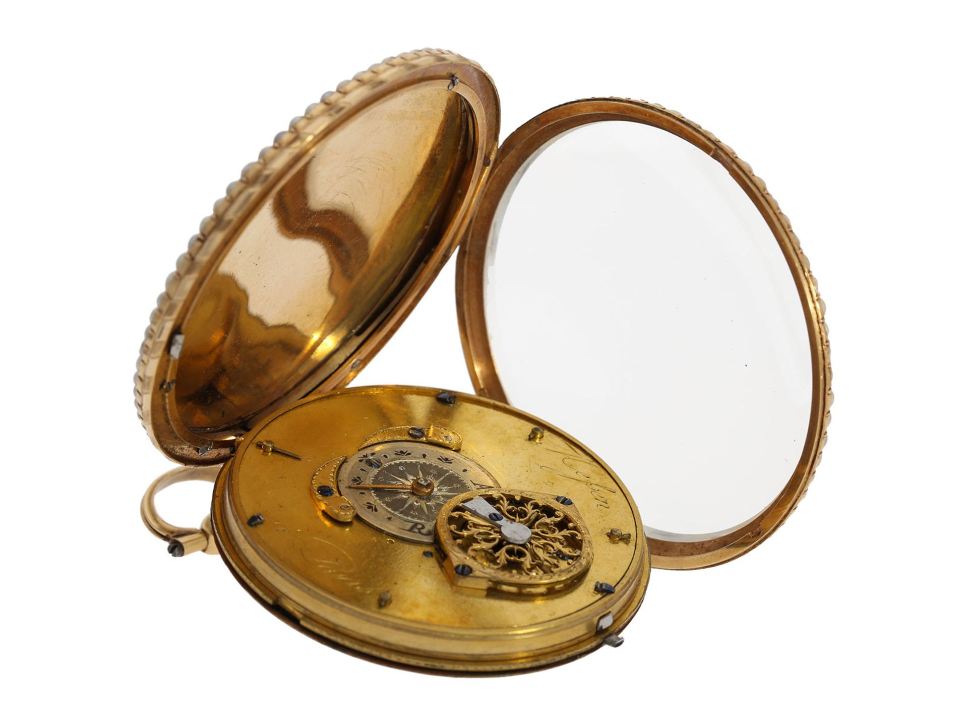 Pocket watch: large and very fine gold/ enamel verge watch set with pearls on both sides and - Bild 6 aus 7