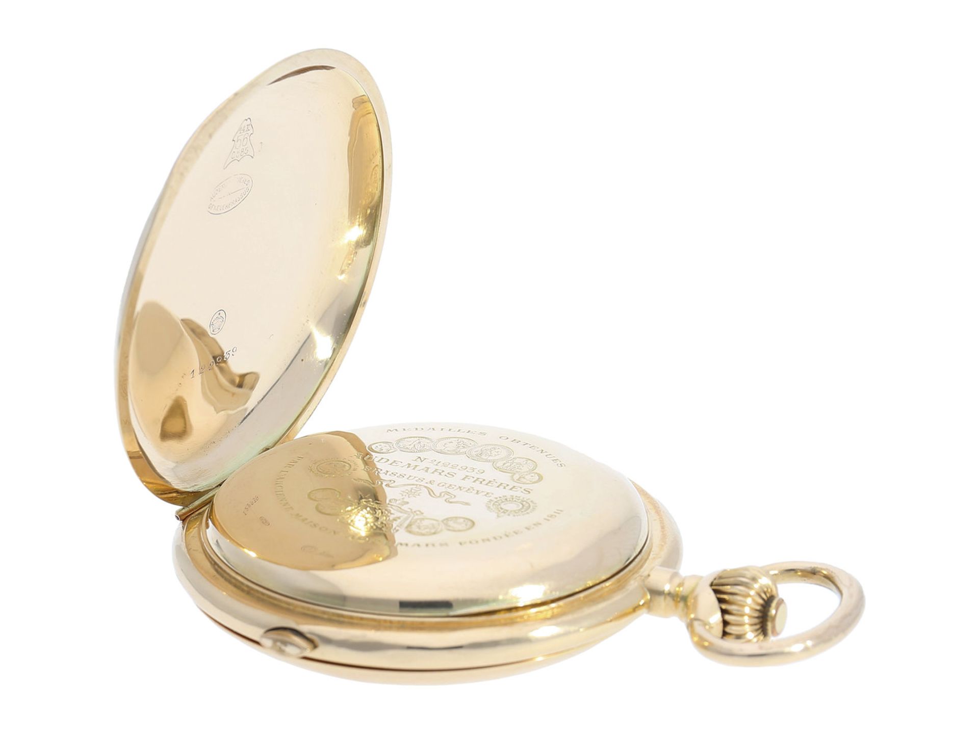 Pocket watch: especially large and heavy Swiss gold hunting case repeater with chronograph, Audemars - Bild 6 aus 8